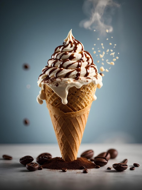 ワッフルコーンで美味しいアイスクリーム・ジェラト スタジオの照明と背景の映画広告写真
