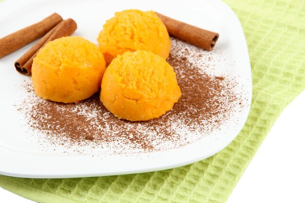 Delicious ice cream on plate closeup