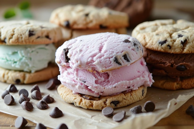 白い皿に並べられたチョコレートチップクッキーとさまざまなフレーバーのアイスクリームで作られたおいしいアイスクリームサンドイッチ