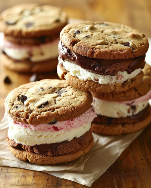 Delicious ice cream sandwiches made with chocolate chip cookies and various flavors of ice cream displayed on a white plate