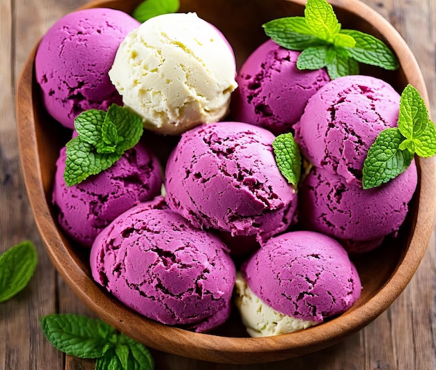 вкусные шарики мороженого со свежими ягодами на сером фоне