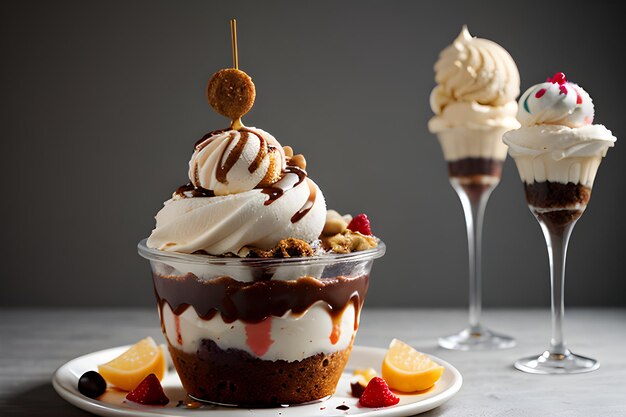 Photo a delicious ice cream sundae with multiple toppings