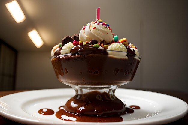 A delicious ice cream sundae with multiple toppings