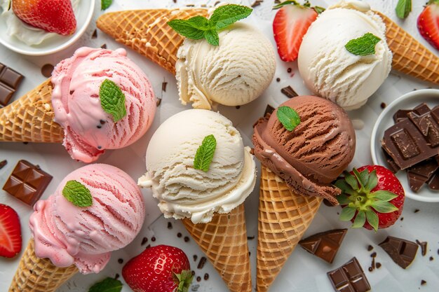 Photo delicious ice cream waffle bowl with chocolate vanilla and mixed berries a gourmet summer treat