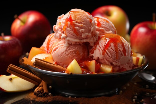 Photo delicious ice cream with apples and cinnamon on a black background