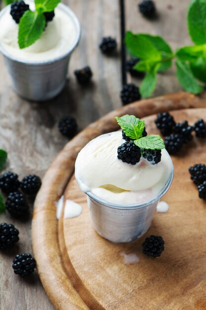 Delicious ice cream with berry and mint