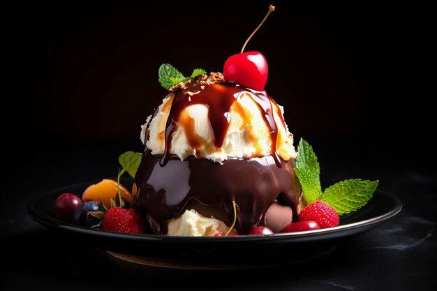 Delicious ice cream with chocolate and fruit on plate