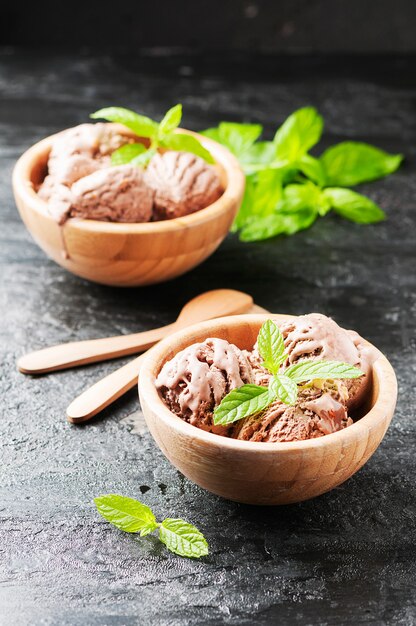 Delicious ice cream with chocolate and milk