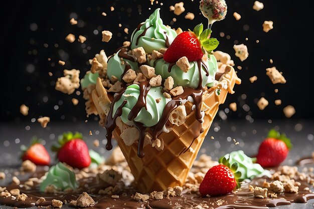 Delicious ice cream with chocolate strawberries and nuts splashes