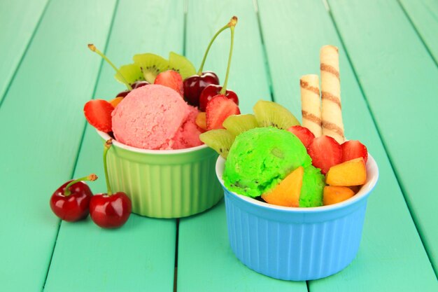 Delicious ice cream with fruits and berries in bowl on wooden table