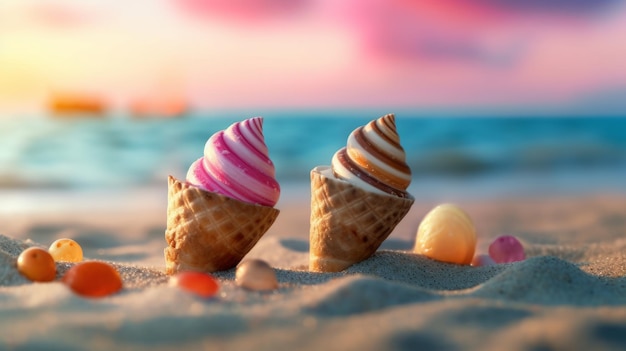 delicious ice creams with shells in the beach