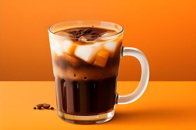 オレンジ色の背景に隔離されたカボチャのスパイスで美味しい冷凍コーヒー
