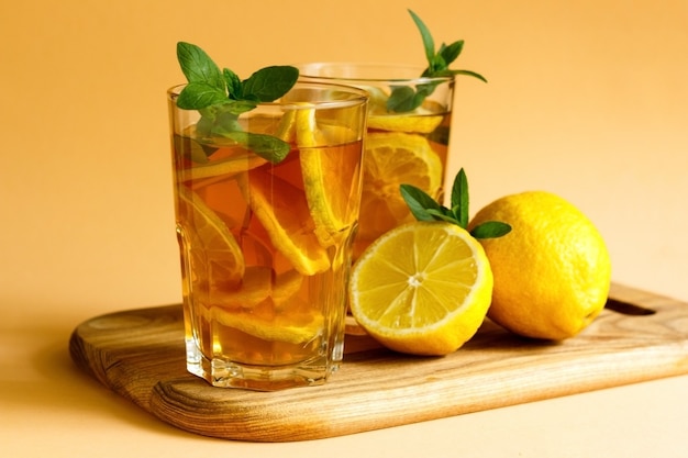 Delicious iced tea with lemon and mint in a glasses