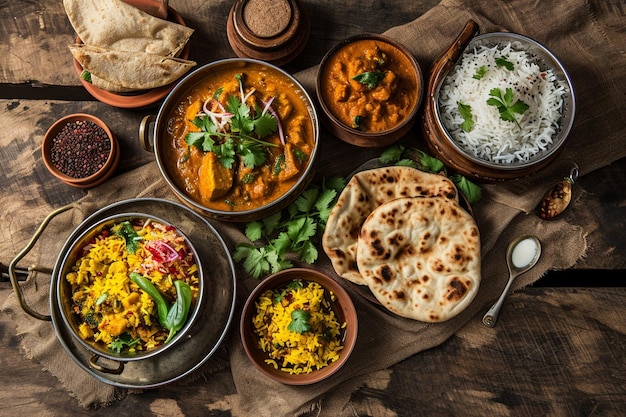 Delicious indian food arrangement top view