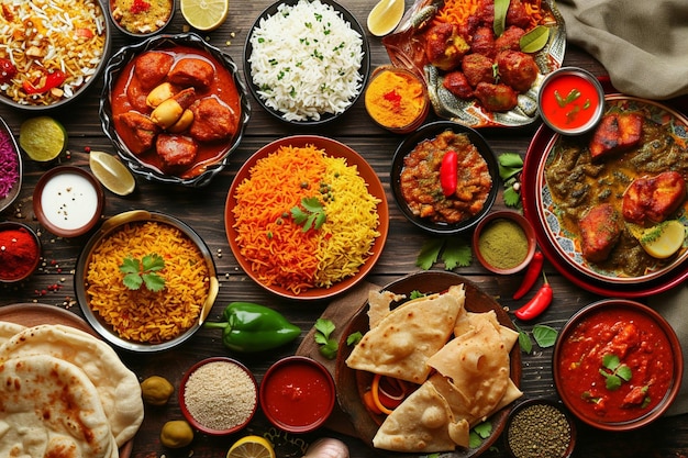 Delicious indian food arrangement top view