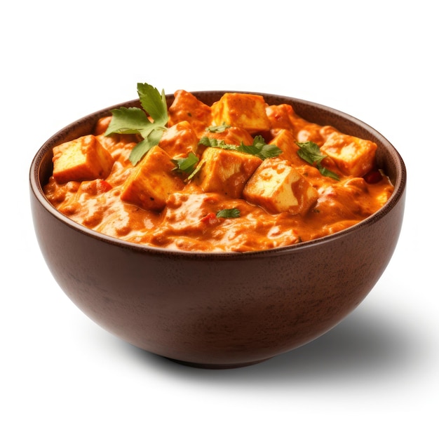Delicious Indian Paneer Tikka Masala in a Bowl on White Background Generative AI