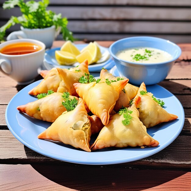 Photo delicious indian samosas with chutney in a bowl on white background