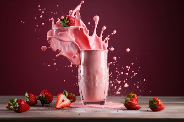 Delicious and Indulgent Strawberry Milkshake with Fresh Berries on Pink Background