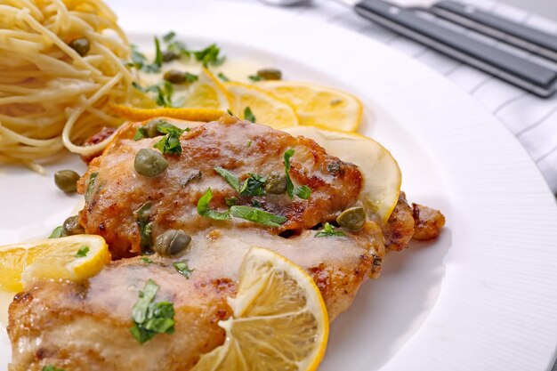 Foto deliziosa piccata di pollo italiana sul piatto