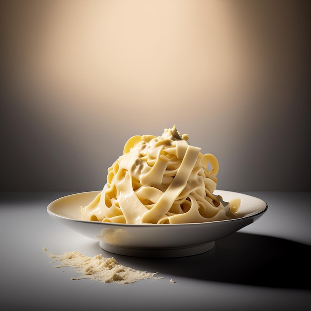 Delicious italian fettucine pasta with cheese and alfredo sauce in palte