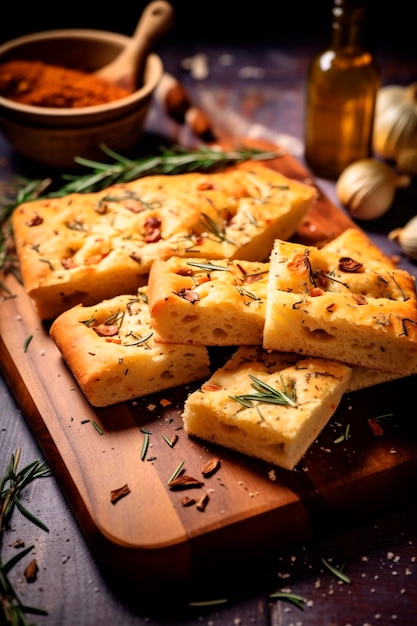 Delicious italian focaccia bread on a wooden cutting board Generative Ai