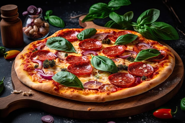 Delicious Italian Pepperoni Pizza with Fresh Basil Topped with Mozzarella