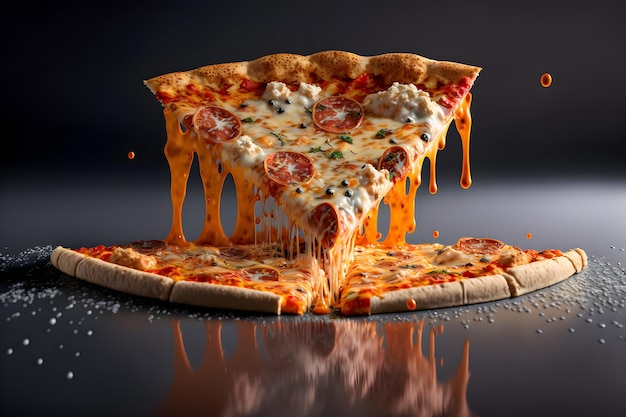 Delicious Italian pizza Slice of pizza with cheese and vegetables Hot cheese drips down the edges of a slice of pizza 3d illustration