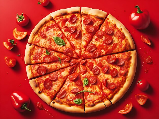 A Delicious Italian Pizza With Red Chili And Red Background