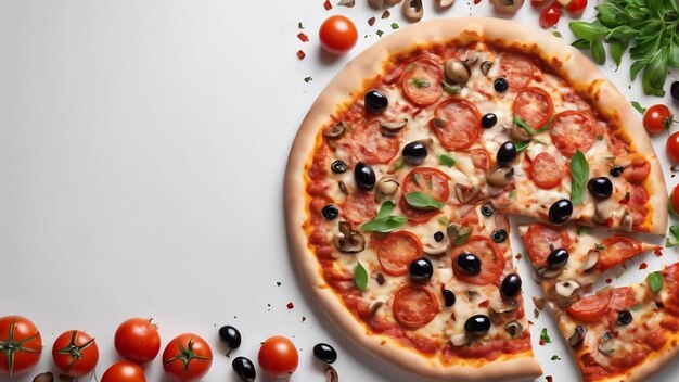 Delicious italian pizza with tomato olives pepperoni and mushrooms top view isolated on white bac
