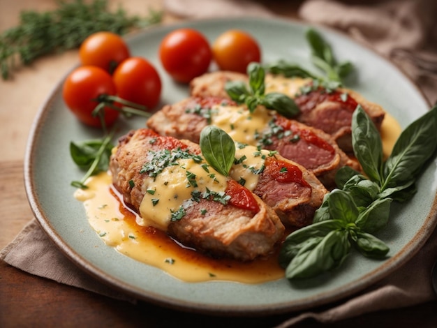 맛있는 이탈리아식 Saltimbocca 요리 는 은 송아지 고기 코틀릿 을 프로시우토 와 셀지 잎 으로 감싸고 있다