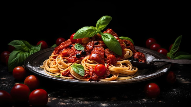 Delicious Italian Spaghetti with Tomatoes and Basil on a Dark Plate Perfect for a Tasty Lunch