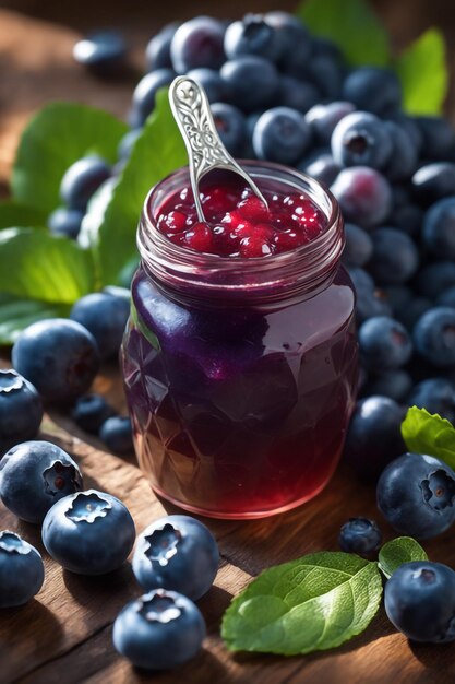 Delicious jam blueberry on natiural background concept of healthy and dieting