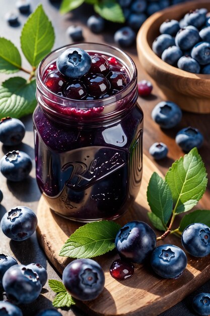 Photo delicious jam blueberry on natiural background concept of healthy and dieting