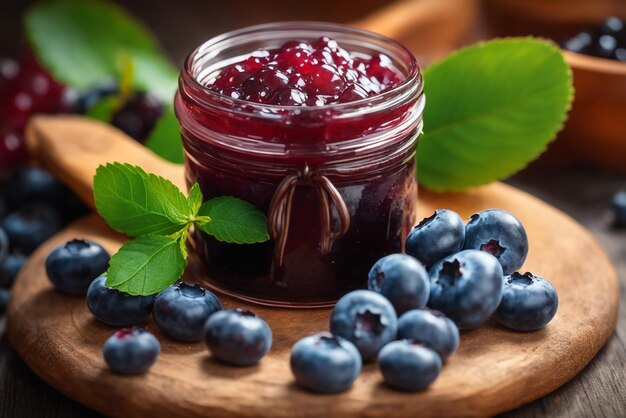 Delicious jam blueberry on natiural background concept of healthy and dieting