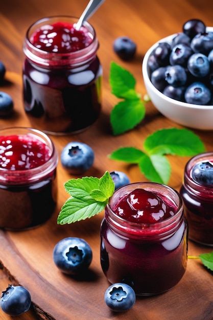 Foto deliziosa marmellata di mirtilli su sfondo naturale concetto di salute e dieta