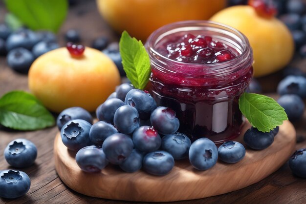 Delicious jam blueberry on natiural background concept of healthy and dieting