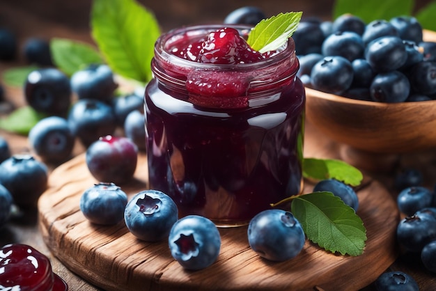 delicious jam blueberry on natiural background concept of healthy and dieting