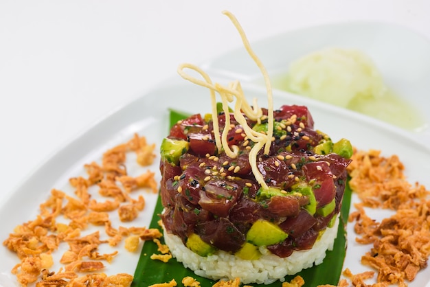 Delicious japanese dish of rice, tuna and avocado