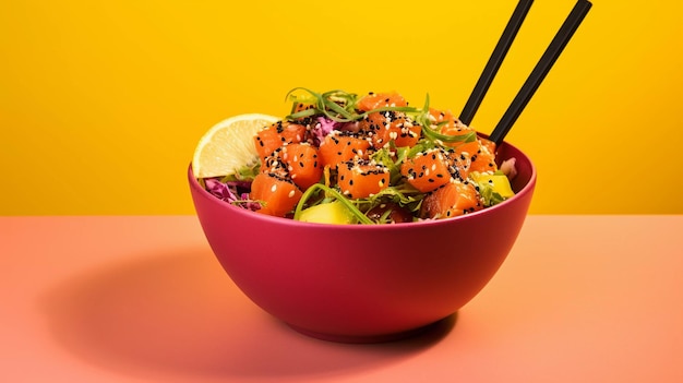 Delicious japanese poke bowl presented in a professional studio with bright background