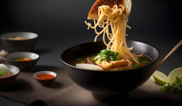 Delicious japanese ramen soup background Generative AI