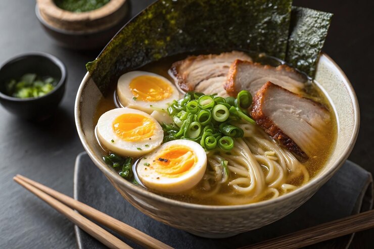 Photo delicious japanese ramen with noodles egg pork and seaweed