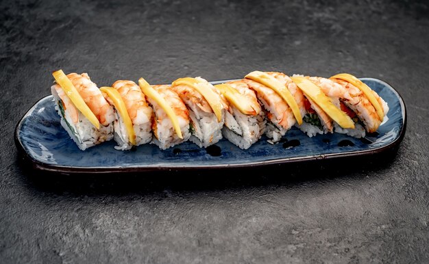 delicious japanese sushi rolls on a stone background ready to eat