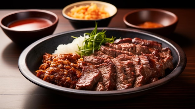 日本のヤキニク・グリル・ビーフ (Yakiniku Grilled Beef) 白い背景にダイピングソース (Dipping Sauce) が付いている