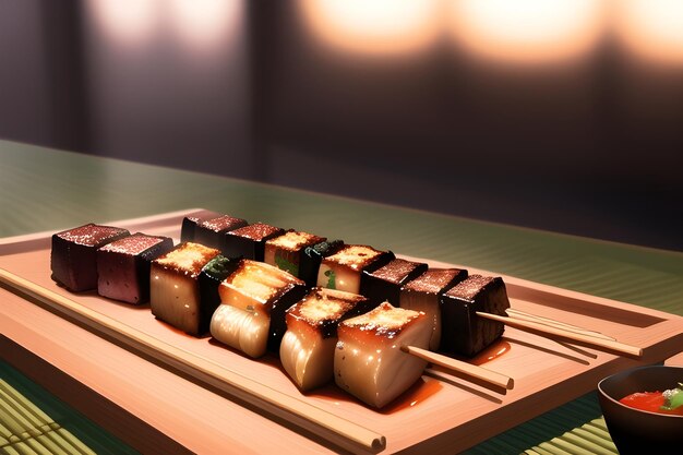 Delicious japanese yakitori asian food in anime style digital\
painting illustration