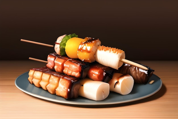 Delicious japanese yakitori asian food in anime style digital\
painting illustration