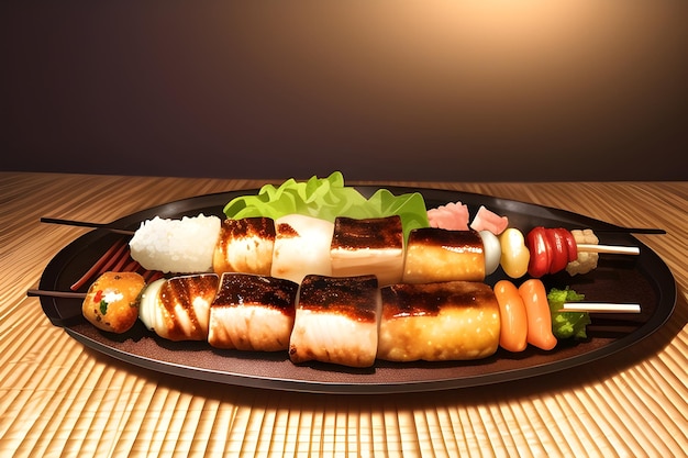 Delicious japanese yakitori asian food in anime style digital\
painting illustration