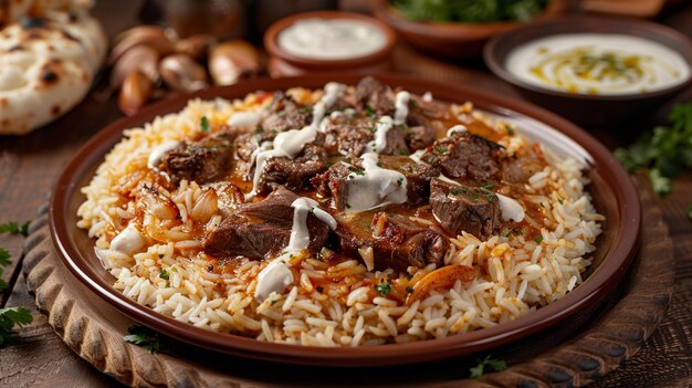 Photo delicious jordanian mansaf on wooden table