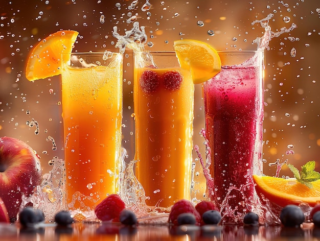 Delicious juice fotografie explosie smaken studio verlichting studio achtergrond goed verlicht levendige kleuren scherpe focus hoge kwaliteit artistieke unieke