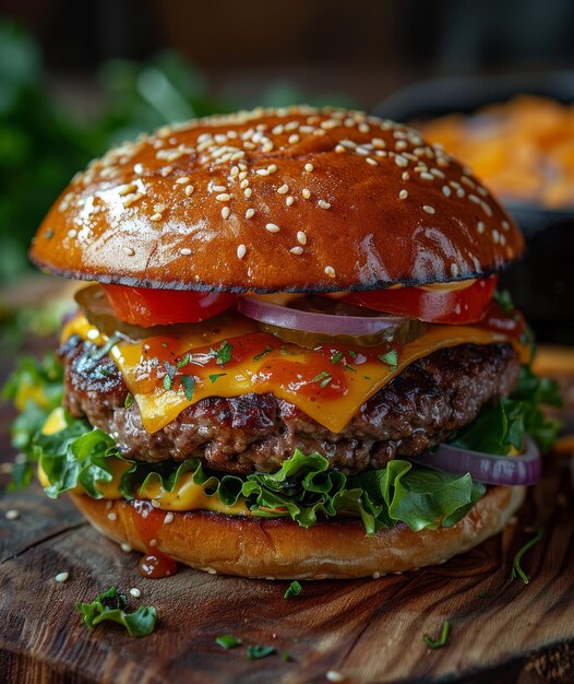 Delicious juicy beef burger with cheese tomato onion lettuce and red onion