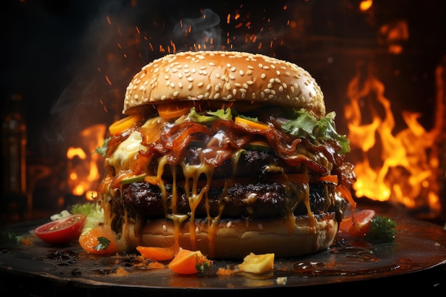 Delicious juicy big burger with meat cheese and vegetables hamburger with smoke and flames